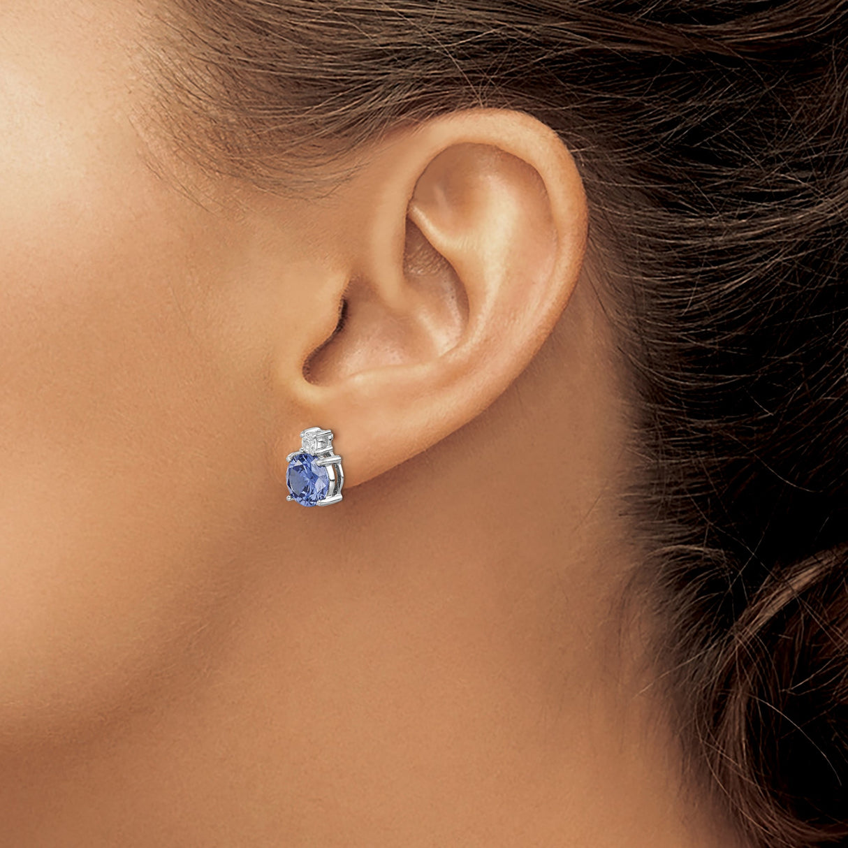 Sterling Silver Stud Earrings with Round Cut Blue Gemstone and Cubic Zirconia Accent