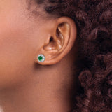 Sterling Silver Stud Earrings with Green Cubic Zirconia and Halo Floral Design for Women