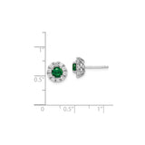 Sterling Silver Stud Earrings with Green Cubic Zirconia and Halo Floral Design for Women