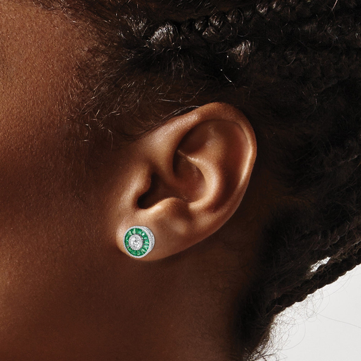 Sterling Silver Halo Stud Earrings with Cubic Zirconia and Green Spinel, Vintage Filigree Design
