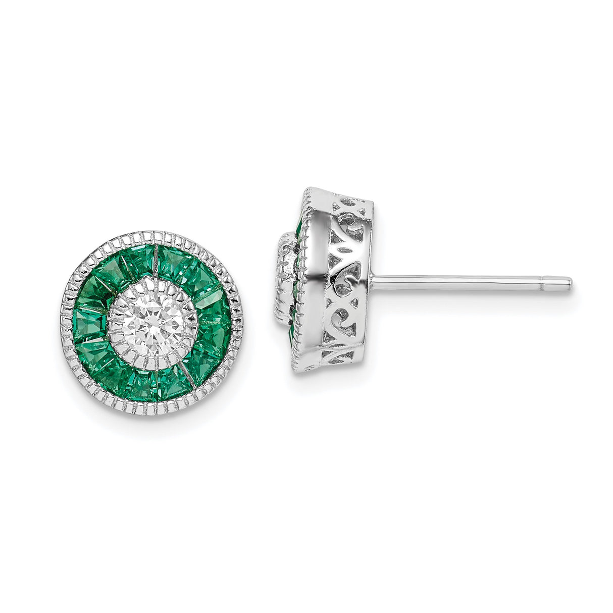 Sterling Silver Halo Stud Earrings with Cubic Zirconia and Green Spinel, Vintage Filigree Design