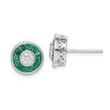 Sterling Silver Halo Stud Earrings with Cubic Zirconia and Green Spinel, Vintage Filigree Design