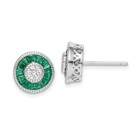 Sterling Silver Halo Stud Earrings with Cubic Zirconia and Green Spinel, Vintage Filigree Design