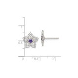 Sterling Silver Flower Stud Earrings with Purple Gemstone and Cubic Zirconia Accents