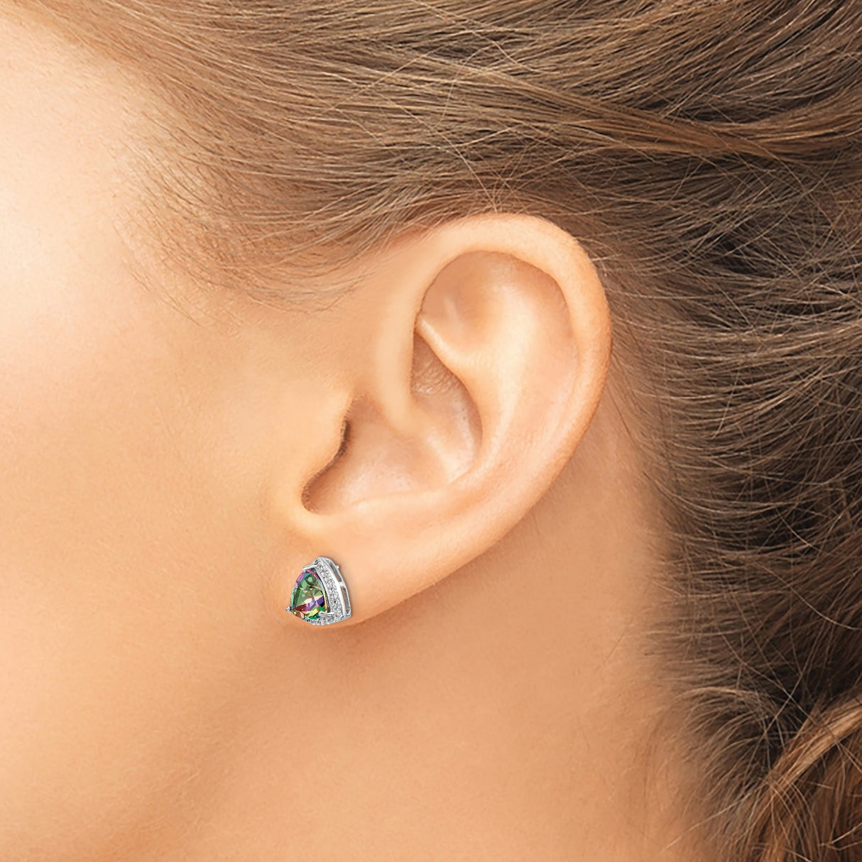Sterling Silver Stud Earrings with Trillion Cut Mystic Fire Topaz and Cubic Zirconia Halo
