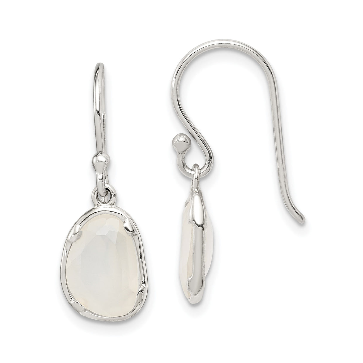 Sterling Silver Dangle Earrings with Oval Faceted White Chalcedony, Minimalist Drop Design