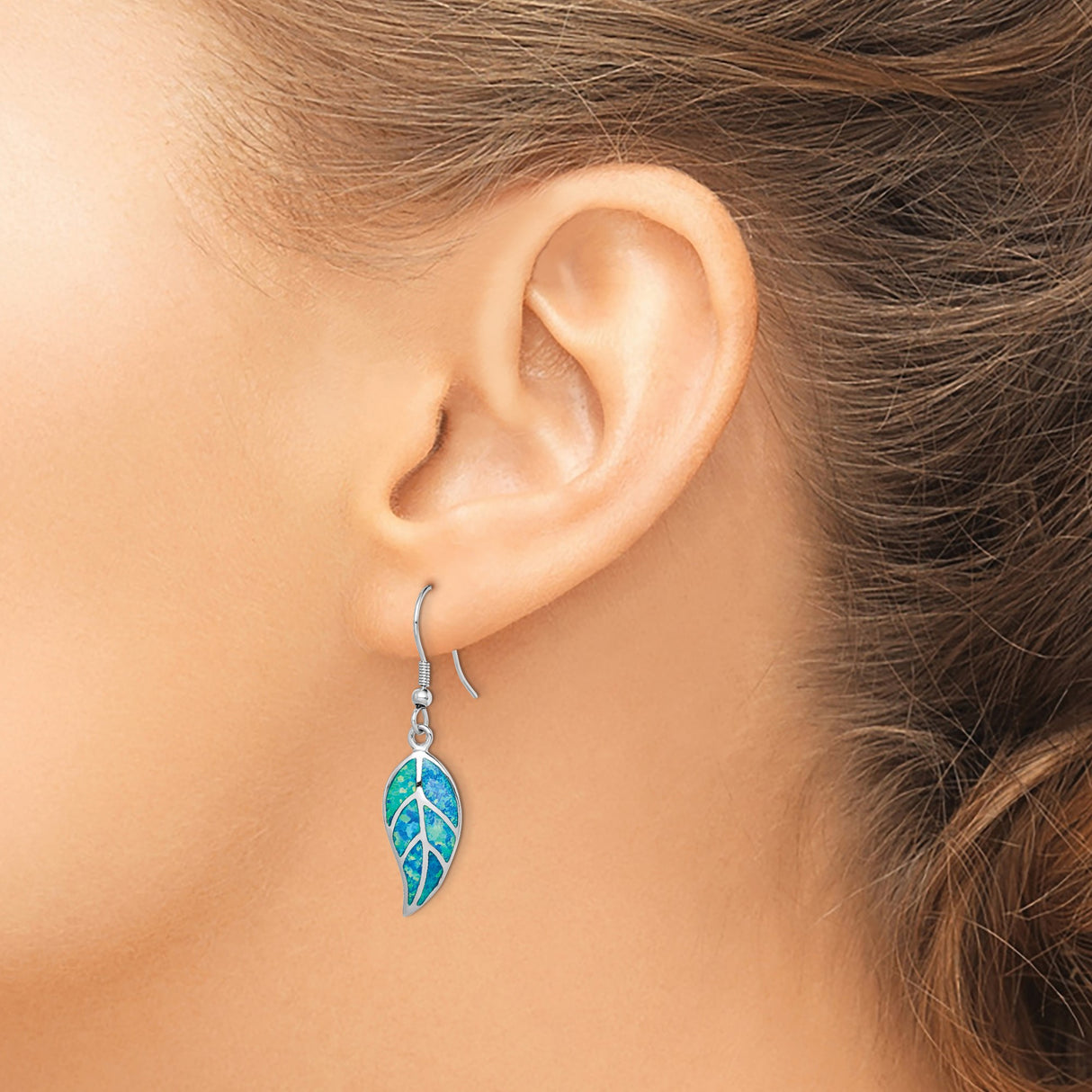 Sterling Silver Leaf Dangle Earrings with Created Opal, Nature Inspired Boho Jewelry for Women