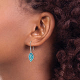 Sterling Silver Leaf Dangle Earrings with Blue Green Opal Inlay, Nature Inspired Boho Jewelry