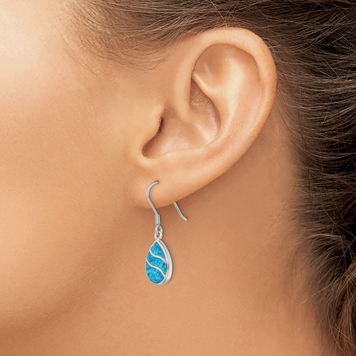 Sterling Silver Dangle Earrings with Teardrop Blue Opal Inlays, Ocean Wave Coastal Design