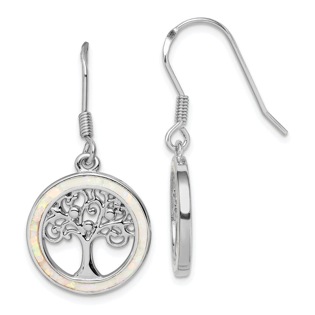 Sterling Silver Tree of Life Dangle Earrings with Created Opal, Openwork Circle Design, Boho Style