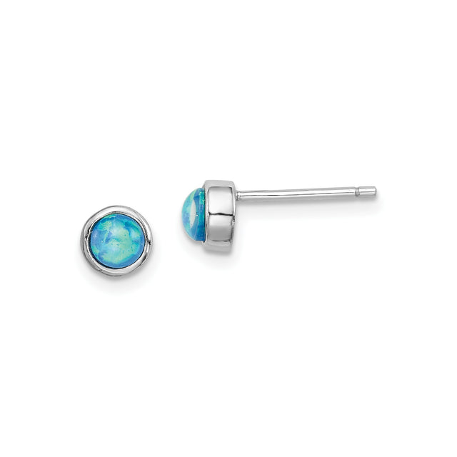 Sterling Silver Stud Earrings with Created Blue Opal, Round Bezel Set Minimalist Design