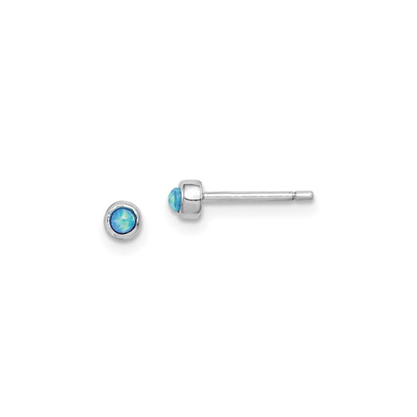 Sterling Silver Stud Earrings with Created Blue Opal, Round Bezel Set, Minimalist Design for Women
