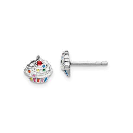 Sterling Silver Cupcake Stud Earrings with Colorful Enamel Accents, Baking Theme for Girls and Teens