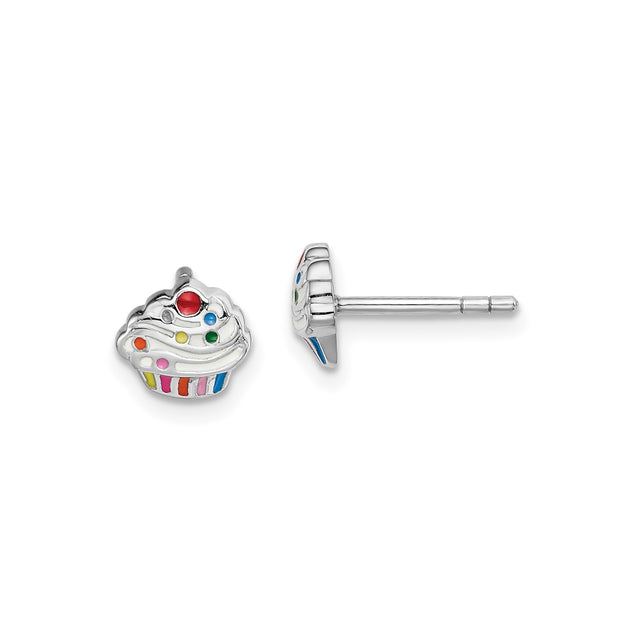 Sterling Silver Cupcake Stud Earrings with Colorful Enamel Accents, Baking Theme for Girls and Teens