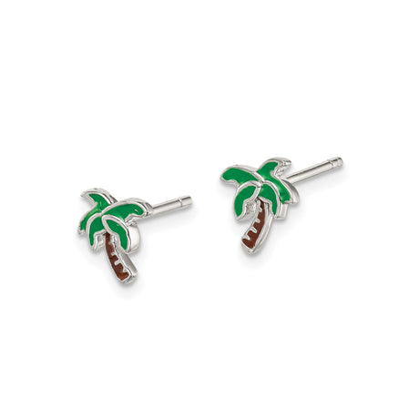 Sterling Silver Palm Tree Stud Earrings with Green and Brown Enamel, Tropical Beach Style