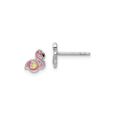 Sterling Silver Flamingo Stud Earrings, Pink Yellow Black Enamel, Tropical Bird Design