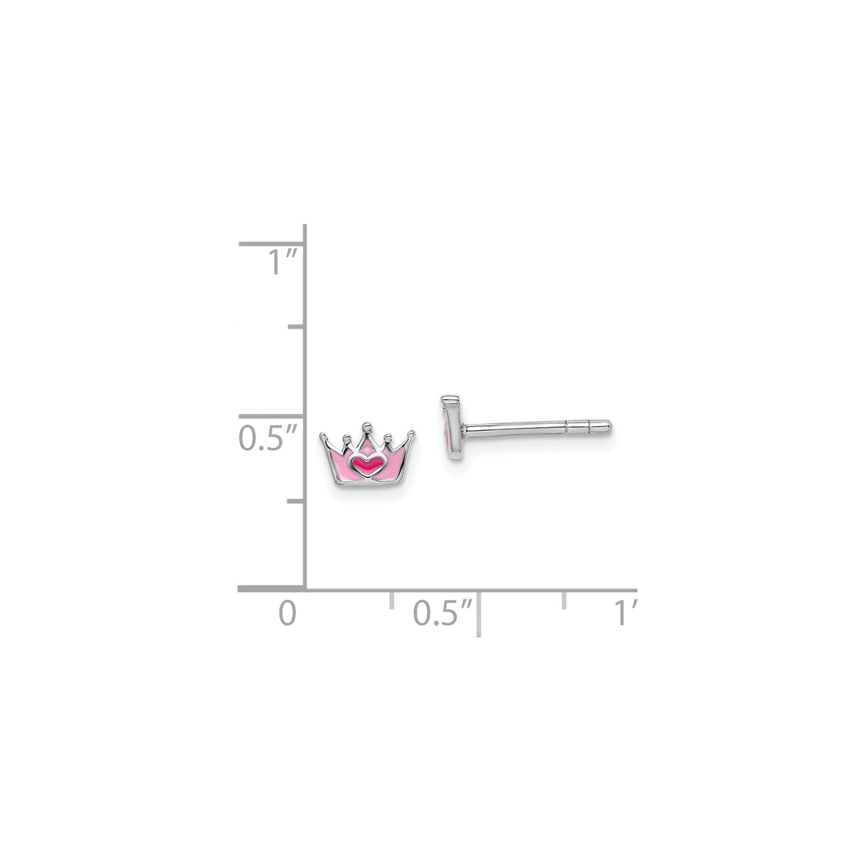 Sterling Silver Crown Stud Earrings with Pink Enamel Heart, Princess Theme for Tweens