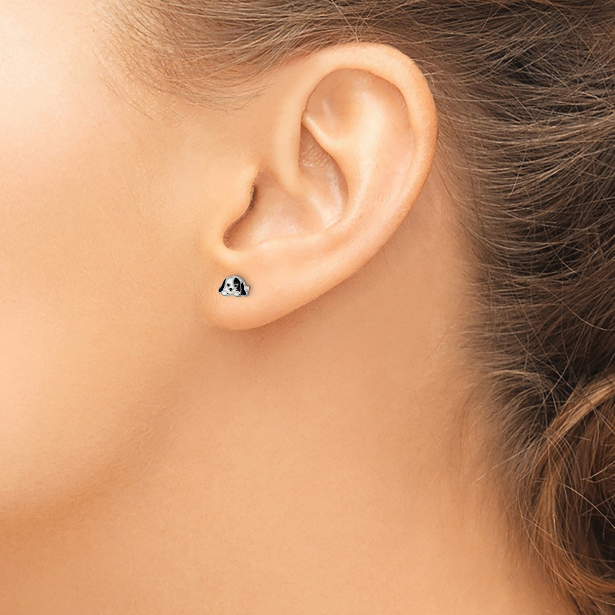 Sterling Silver Puppy Face Stud Earrings with Black and White Enamel, Cute Dog Design for Girls