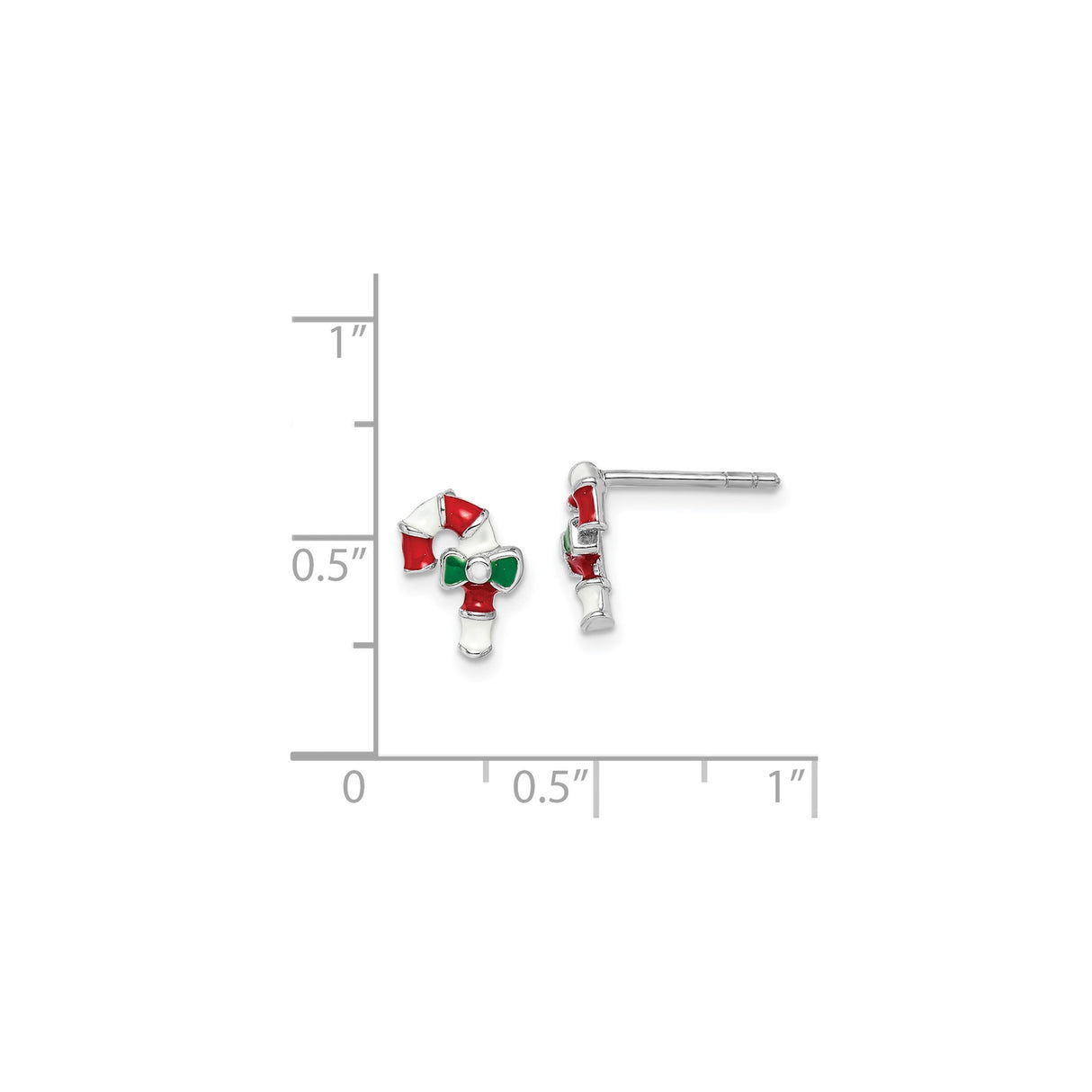Sterling Silver Candy Cane Stud Earrings with Red and Green Bows, Christmas Holiday Theme
