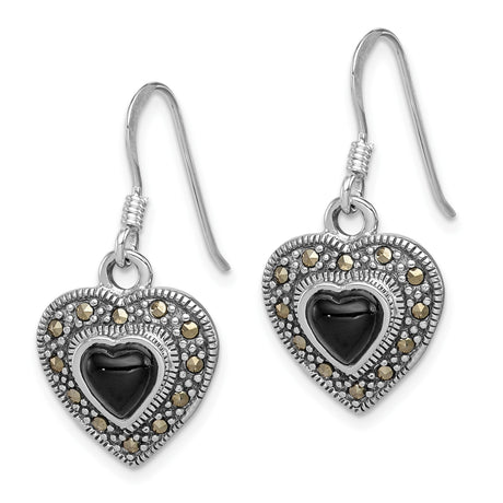 Sterling Silver Heart Dangle Earrings with Black Onyx and Marcasite, Vintage Style for Women
