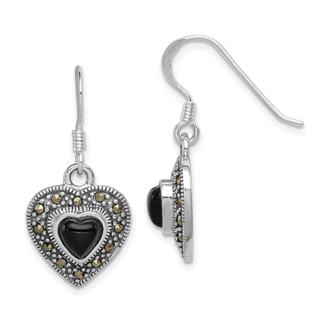 Sterling Silver Heart Dangle Earrings with Black Onyx and Marcasite, Vintage Style for Women