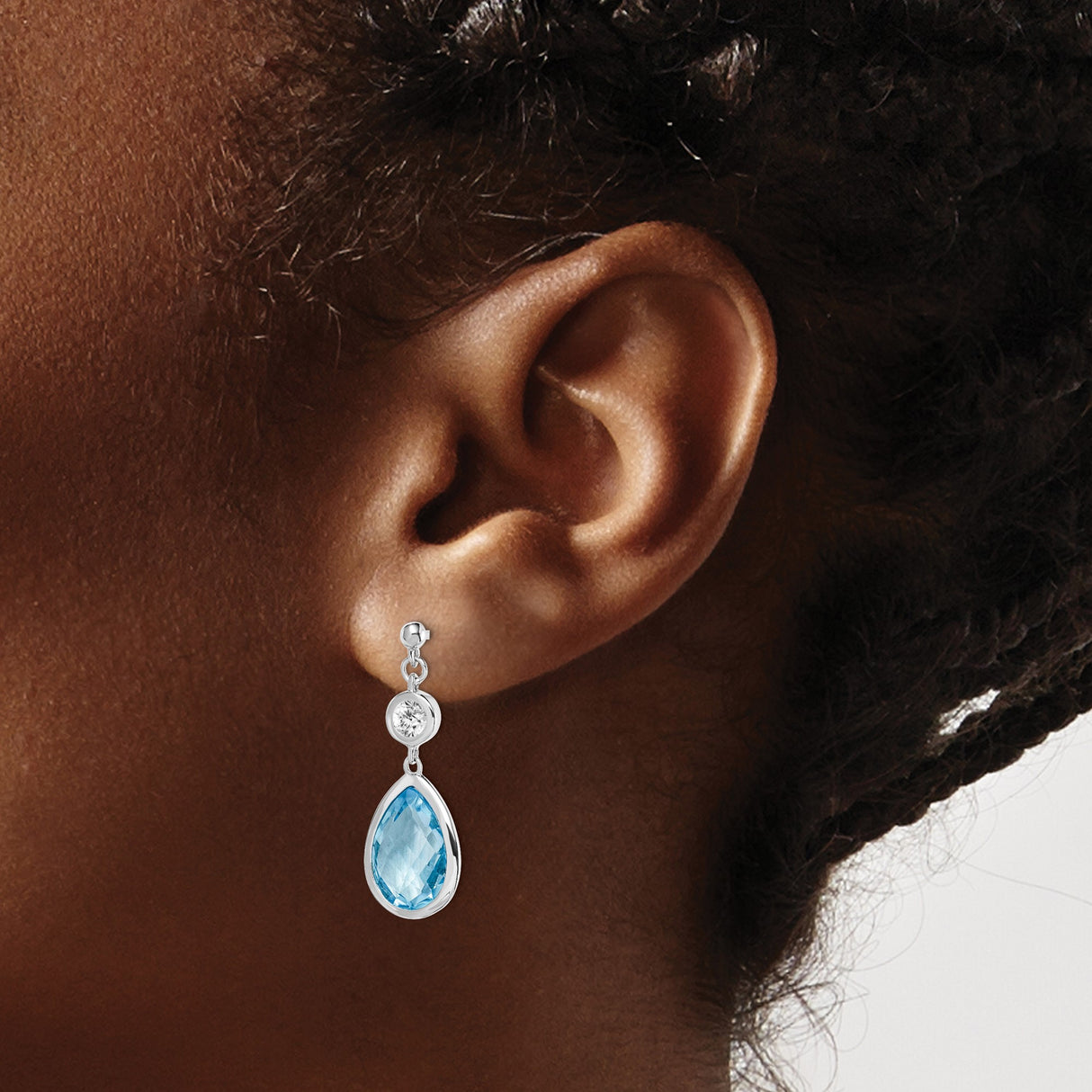 Sterling Silver Dangle Earrings with Teardrop Sky Blue Topaz and White Topaz Accents