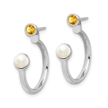 Sterling Silver Hoop Earrings with White Freshwater Pearls and Citrine Accents