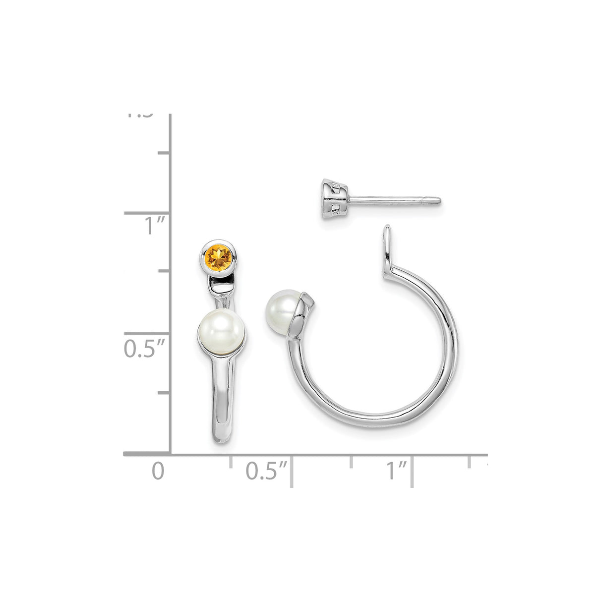 Sterling Silver Hoop Earrings with White Freshwater Pearls and Citrine Accents