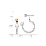 Sterling Silver Hoop Earrings with White Freshwater Pearls and Citrine Accents