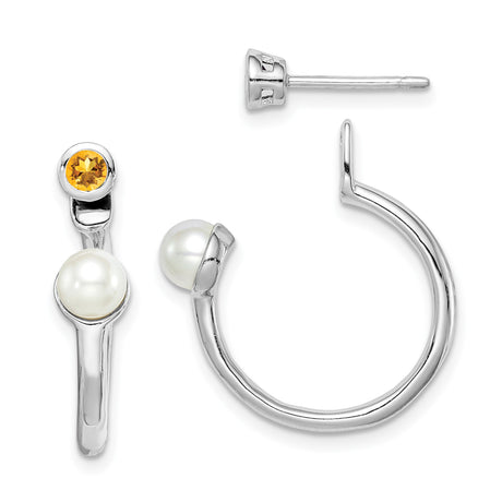 Sterling Silver Hoop Earrings with White Freshwater Pearls and Citrine Accents