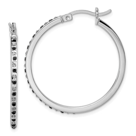 Sterling Silver Hoop Earrings with Alternating Black and White Cubic Zirconia, Modern Two-Tone Design
