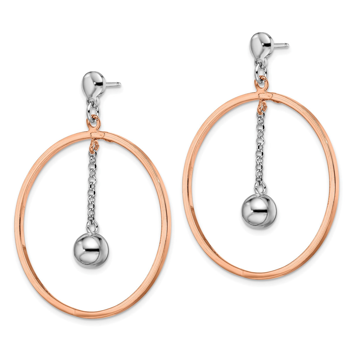 Sterling Silver Dangle Earrings with Open Circle and Suspended Bead, Rose Gold Plated, Geometric Style