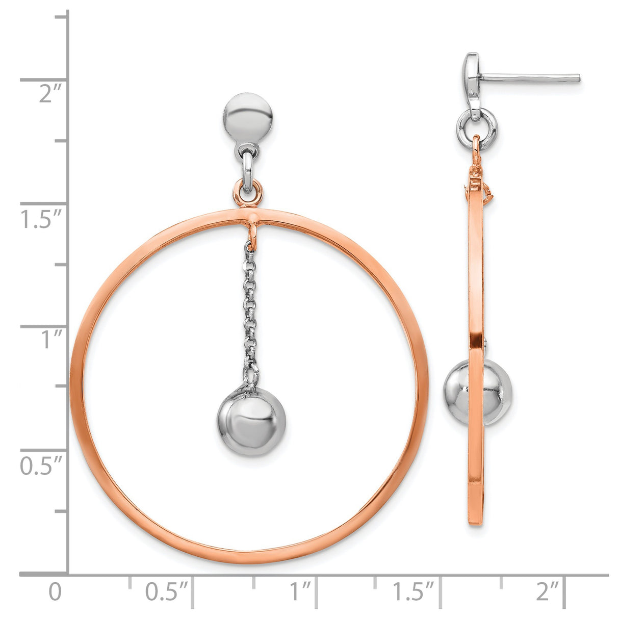 Sterling Silver Dangle Earrings with Open Circle and Suspended Bead, Rose Gold Plated, Geometric Style