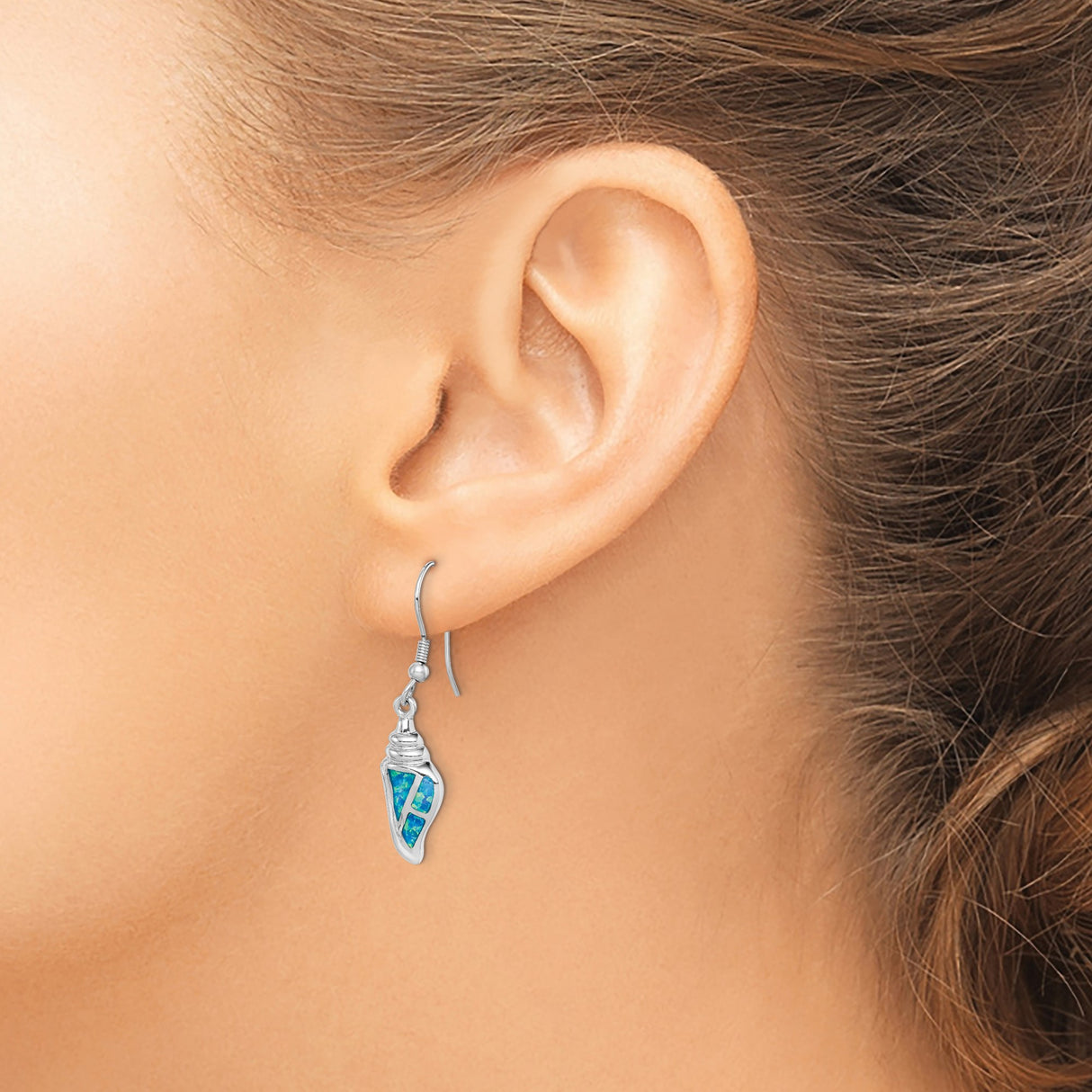 Sterling Silver Conch Shell Drop Earrings with Created Blue Opal, Ocean Inspired Design