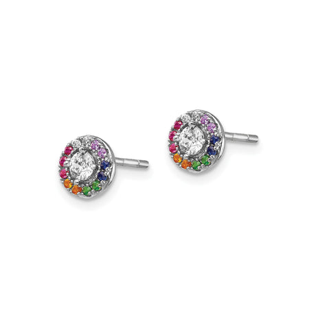 Sterling Silver Rainbow Stud Earrings with Clear Cubic Zirconia Center and Multicolor Halo
