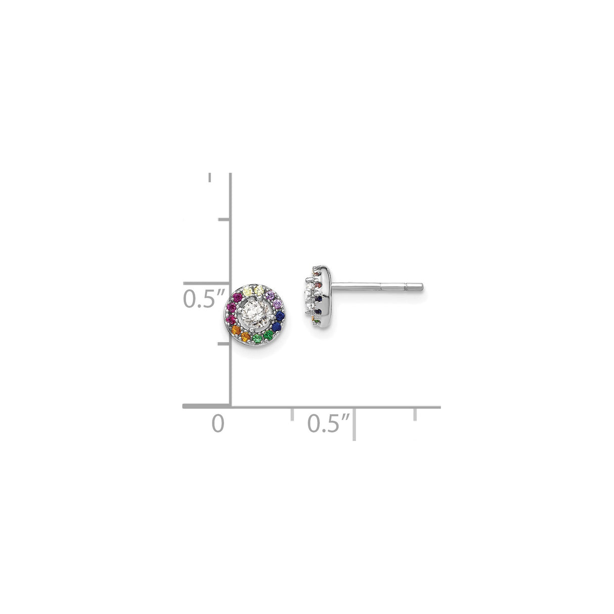 Sterling Silver Rainbow Stud Earrings with Clear Cubic Zirconia Center and Multicolor Halo
