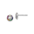 Sterling Silver Rainbow Stud Earrings with Clear Cubic Zirconia Center and Multicolor Halo