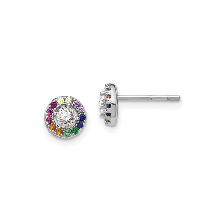 Sterling Silver Rainbow Stud Earrings with Clear Cubic Zirconia Center and Multicolor Halo