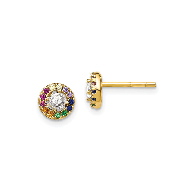 Sterling Silver Round Stud Earrings with Clear Cubic Zirconia and Rainbow Halo