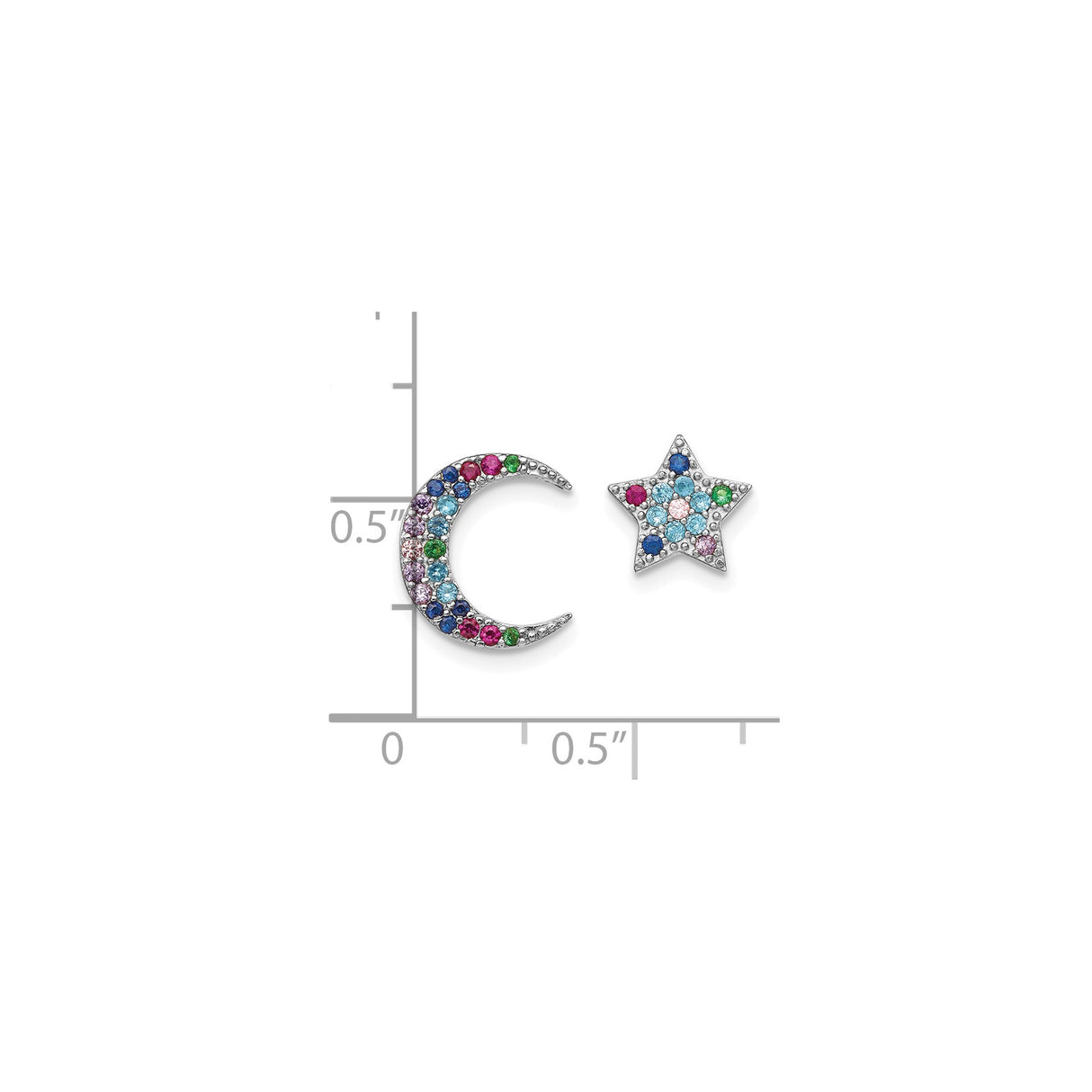 Sterling Silver Mismatched Moon and Star Stud Earrings with Cubic Zirconia, Celestial Style