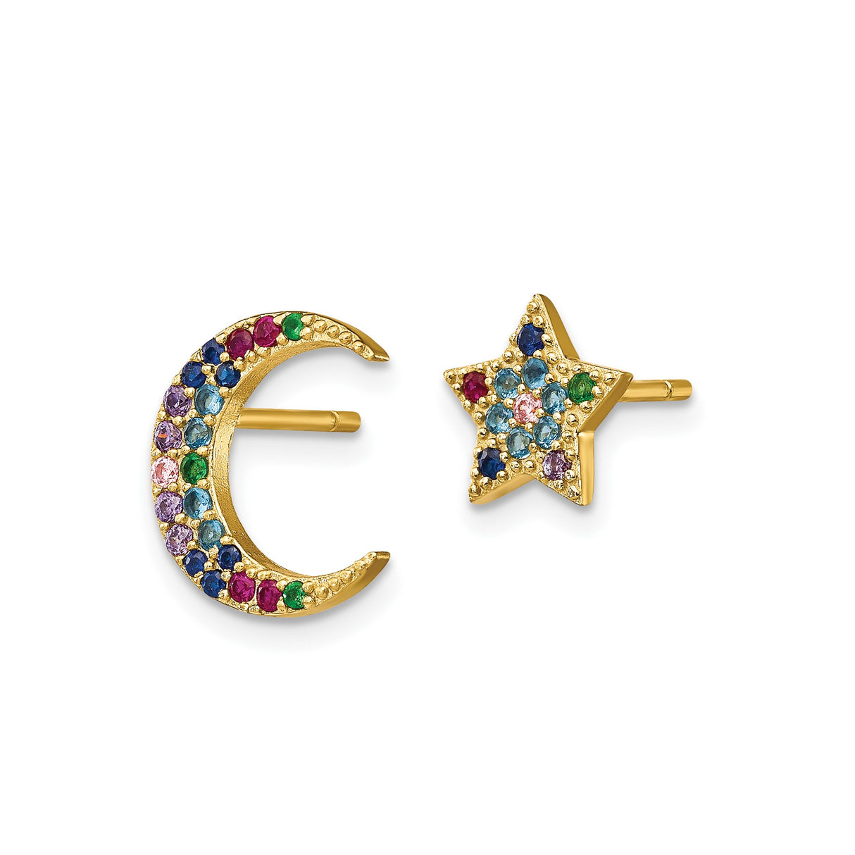Sterling Silver Mismatched Moon and Star Stud Earrings with Cubic Zirconia, Celestial Boho Style