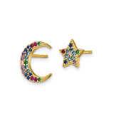 Sterling Silver Mismatched Moon and Star Stud Earrings with Cubic Zirconia, Celestial Boho Style