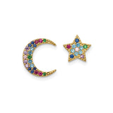 Sterling Silver Mismatched Moon and Star Stud Earrings with Cubic Zirconia, Celestial Boho Style