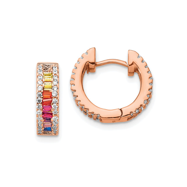 Sterling Silver Hoop Earrings with Multicolor Baguette Cubic Zirconia and Clear Crystals