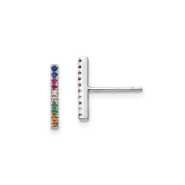 Sterling Silver Bar Stud Earrings with Multicolor Cubic Zirconia, Minimalist Rainbow Design