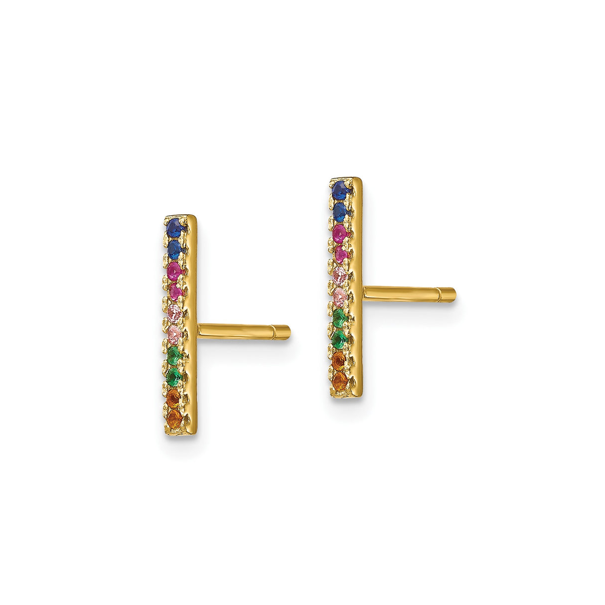 Sterling Silver Bar Stud Earrings with Multicolor Cubic Zirconia, Minimalist Rainbow Design