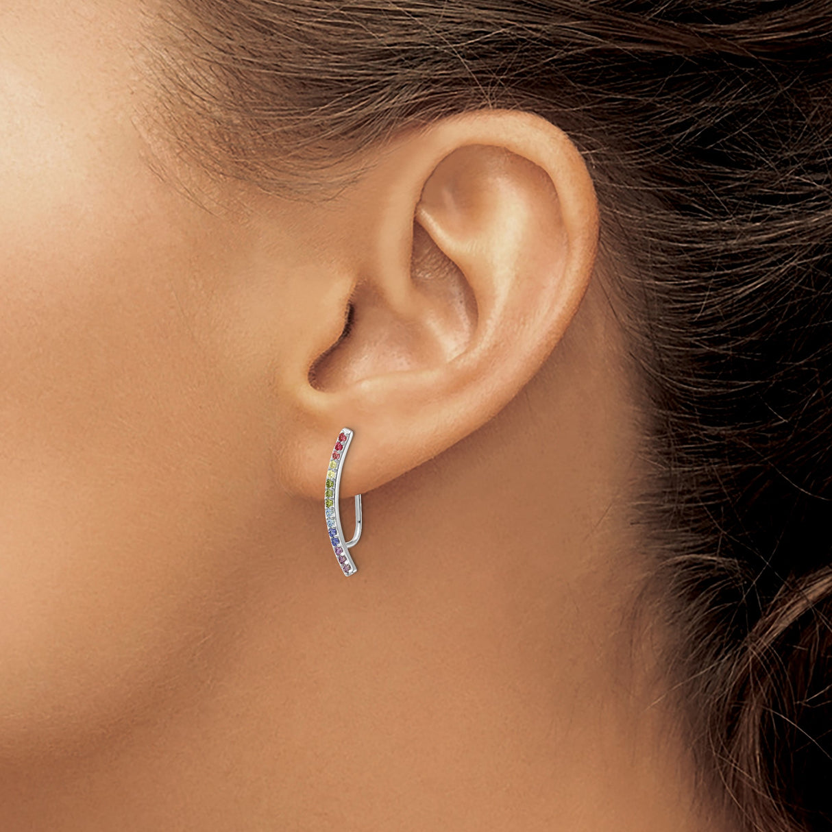 Sterling Silver Ear Climbers with Cubic Zirconia, Curved Rainbow Gradient Style Earrings