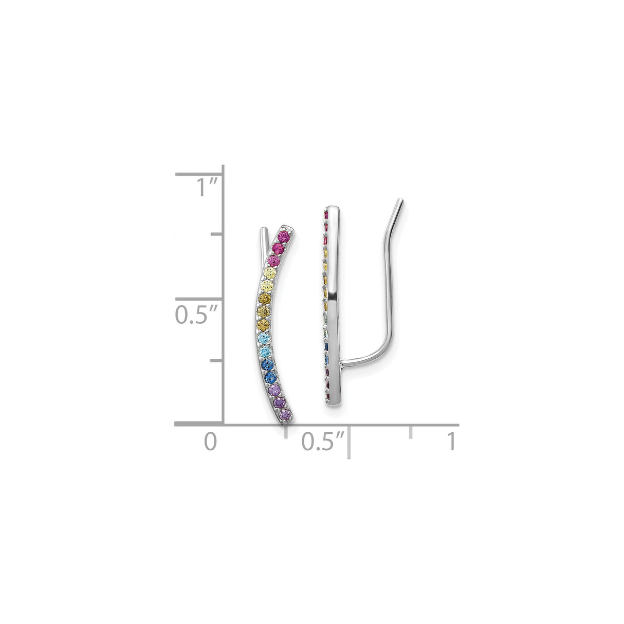 Sterling Silver Ear Climbers with Cubic Zirconia, Curved Rainbow Gradient Style Earrings