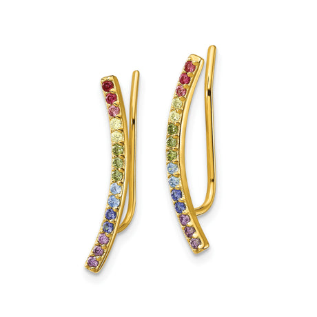 Sterling Silver Ear Climbers with Cubic Zirconia, Gradient Rainbow, Gold Plated Crawler Earrings