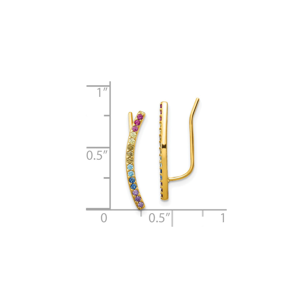Sterling Silver Ear Climbers with Cubic Zirconia, Gradient Rainbow, Gold Plated Crawler Earrings